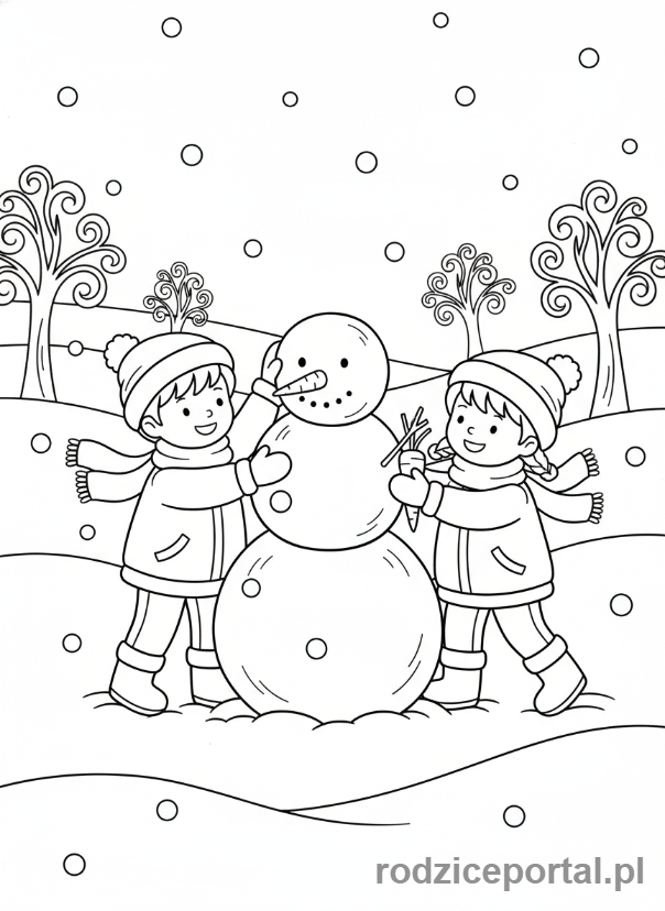 Kolorowanka Pogoda Dla Dzieci - Dzieci lepiące bałwana