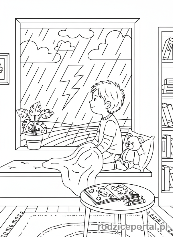 Kolorowanka Pogoda Dla Dzieci - Dziecko patrzy na burzę przez okno