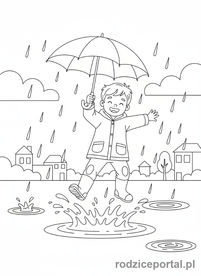Kolorowanka Pogoda Dla Dzieci - Dziecko z parasolem w deszczu