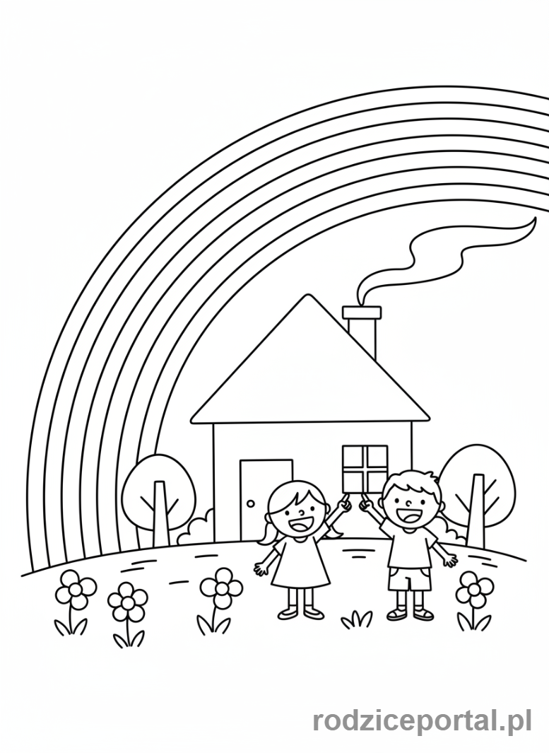 Kolorowanka Pogoda Dla Dzieci - Tęcza nad domkiem i dziećmi