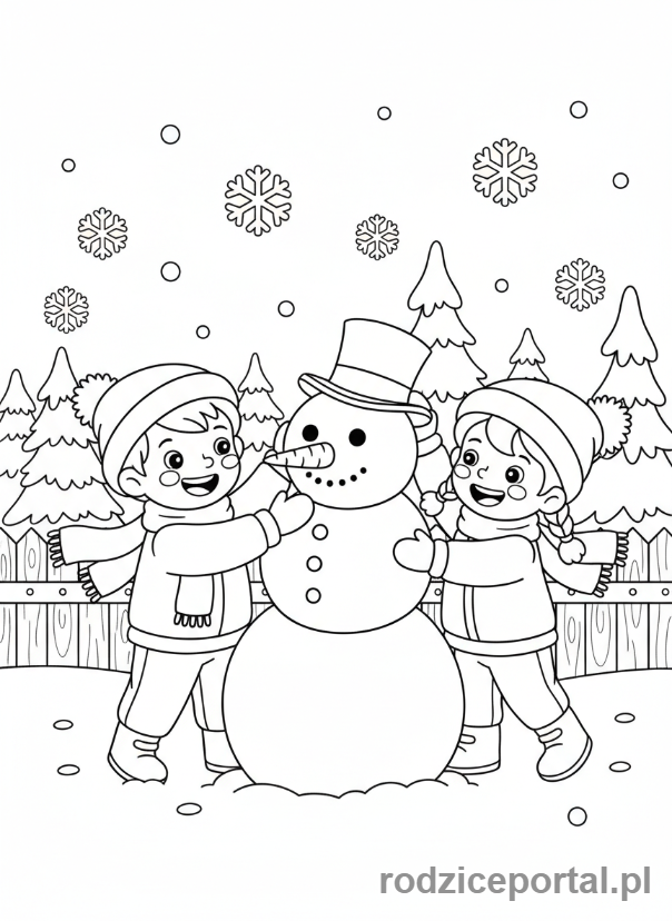 Kolorowanka Pogoda Zadania - Budowanie bałwana na śniegu