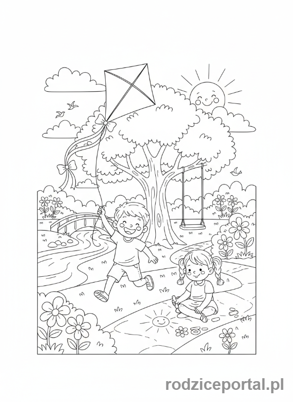 Kolorowanka Pogoda Zadania - Dzieci bawią się w słońcu