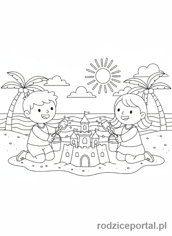 Kolorowanka Pogoda Zadania - Dzieci budują zamek z piasku