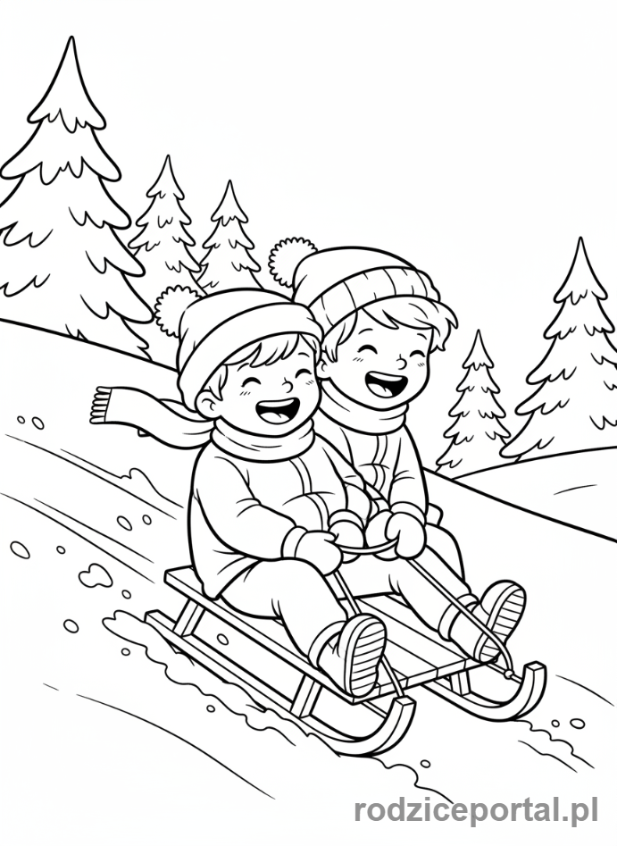 Kolorowanka Pogoda Zadania - Dzieci zjeżdżają na sankach