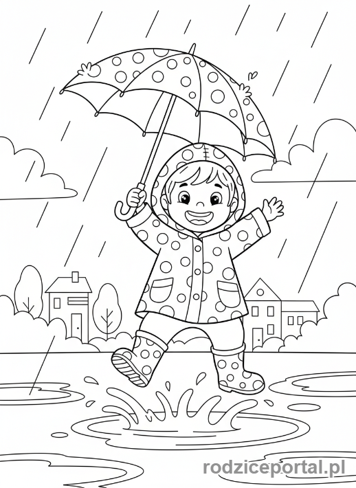 Kolorowanka Pogoda Zadania - Dziecko w deszczu z parasolem