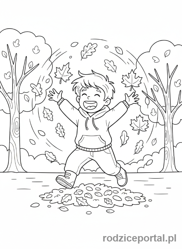 Kolorowanka Pogoda Zadania - Dziecko zbiera jesienne liście