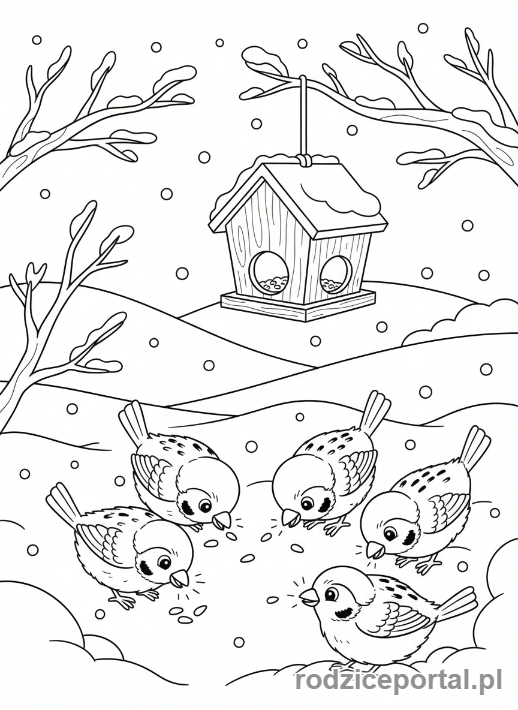 Kolorowanka Pogoda Zadania - Ptaki szukają jedzenia w śniegu