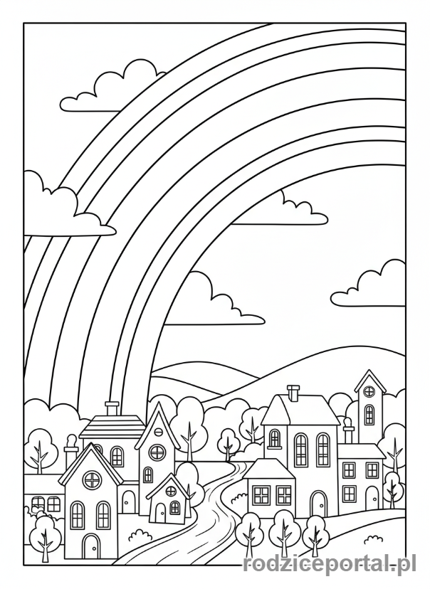 Kolorowanka Pogoda Zadania - Tęcza nad miasteczkiem