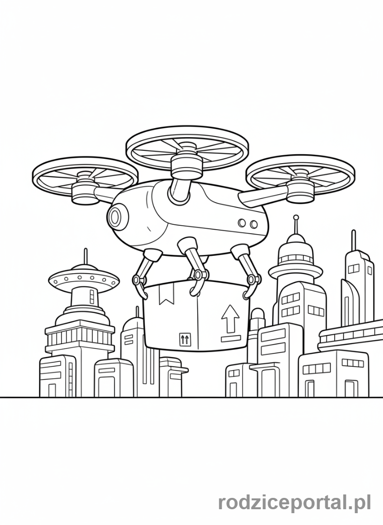 Kolorowanka Pojazdy Przyszłości - Dron transportowy paczka