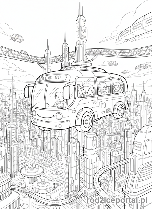 Kolorowanka Pojazdy Przyszłości - Latajacy autobus miasto