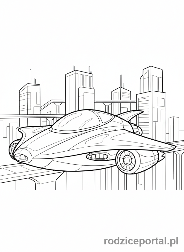 Kolorowanka Pojazdy Przyszłości - Latajacy samochod miasto