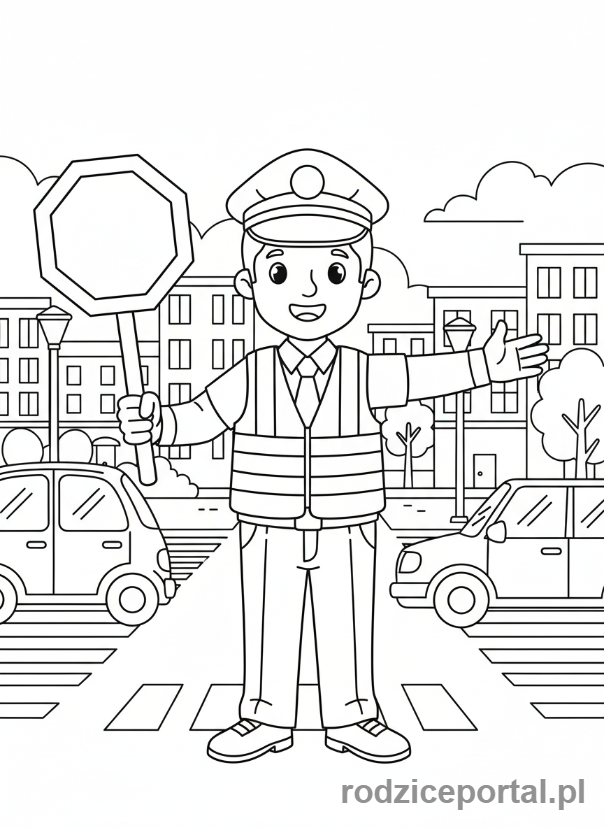Kolorowanka Policjant Drogowy - Policjant kieruje ruchem