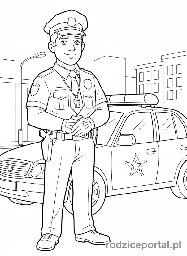 Kolorowanka Policjant Drogowy - Policjant obok radiowozu