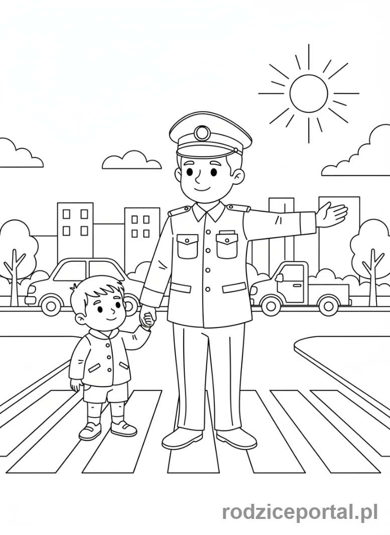 Kolorowanka Policjant Drogowy - Policjant pomaga dziecku