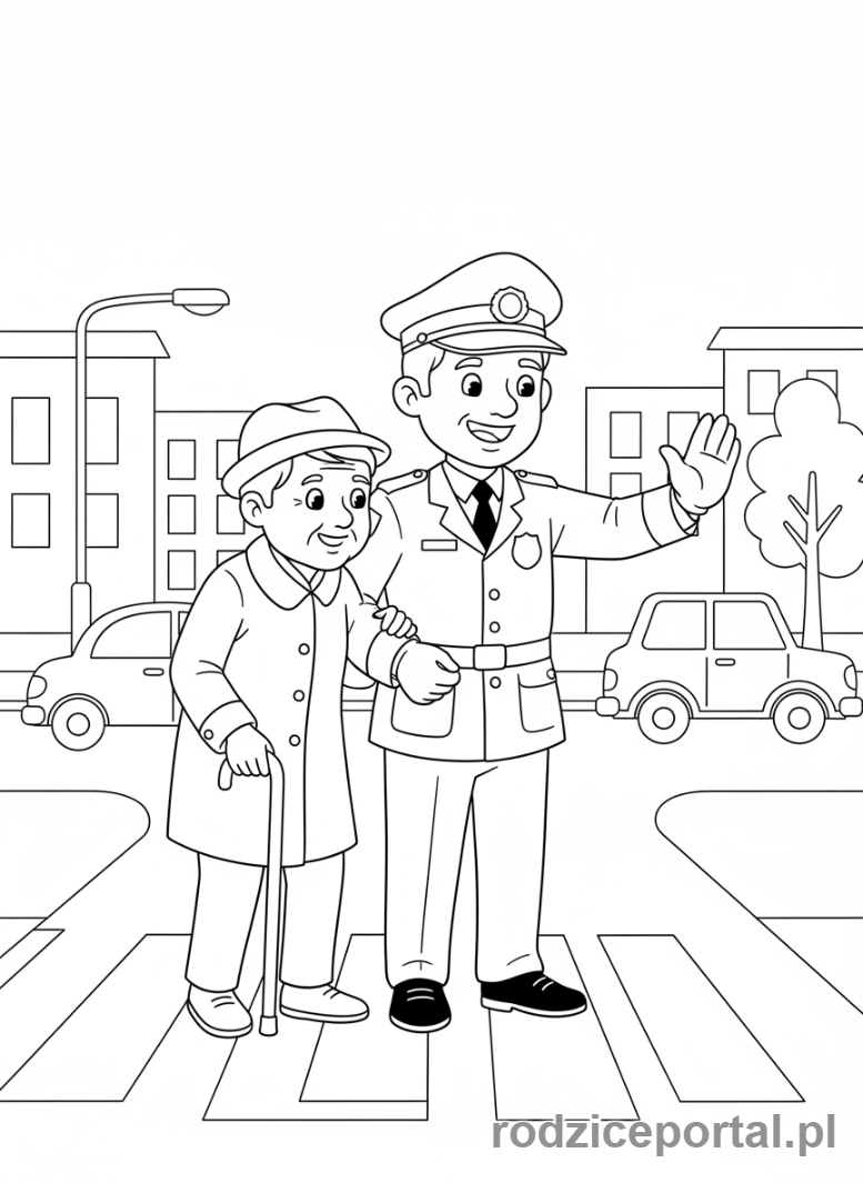 Kolorowanka Policjant Drogowy - Policjant pomaga starszej osobie