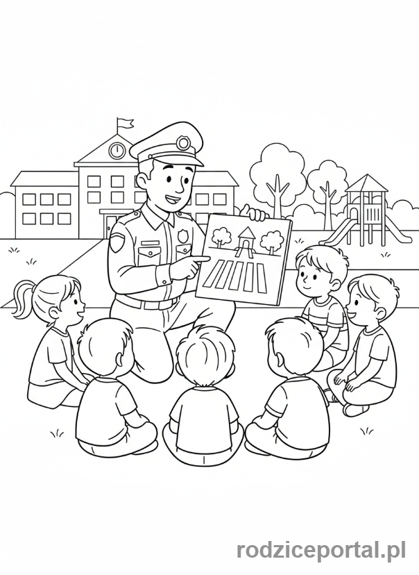 Kolorowanka Policjant Drogowy - Policjant uczy dzieci