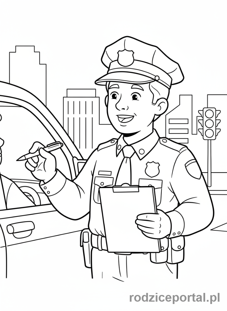 Kolorowanka Policjant Drogowy - Policjant wypisuje mandat
