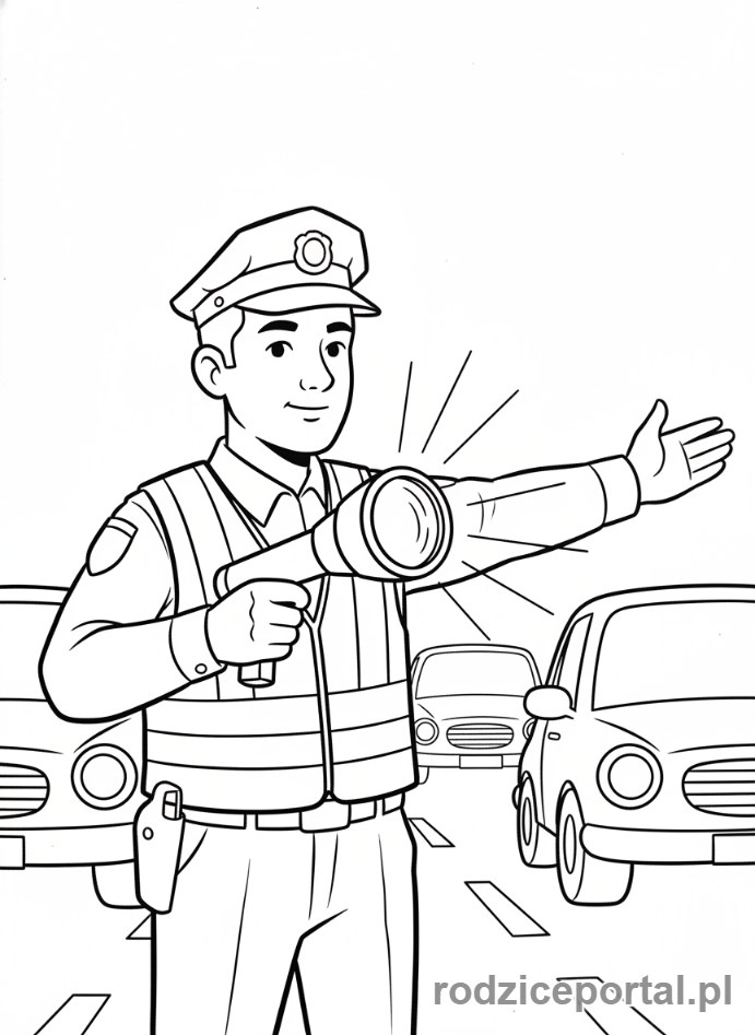 Kolorowanka Policjant Drogowy - Policjant z latarką w nocy