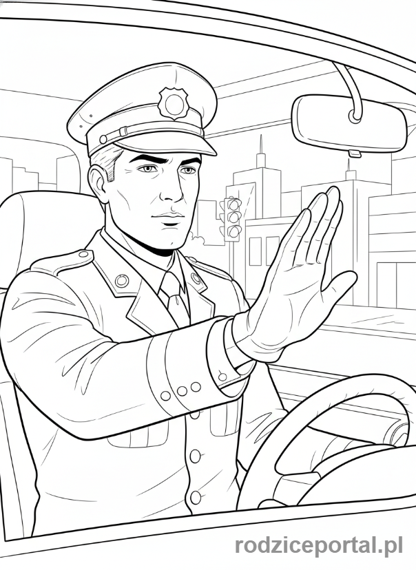 Kolorowanka Policjant Drogowy - Policjant zatrzymuje auto