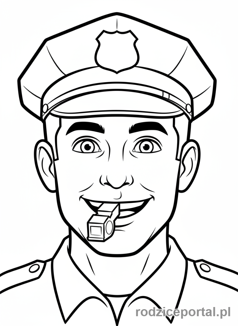 Kolorowanka Policjant Drogowy - Uśmiechnięty policjant z gwizdkiem