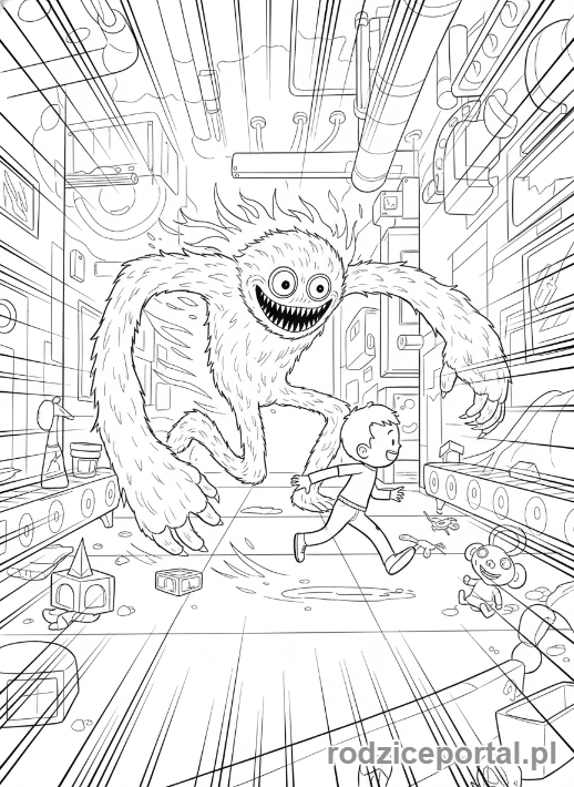 Kolorowanka Poppy Playtime - Huggy Wuggy goni gracza