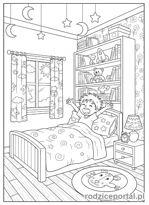 Kolorowanka Poranna Rutyna - Dziecko budzi się w łóżku