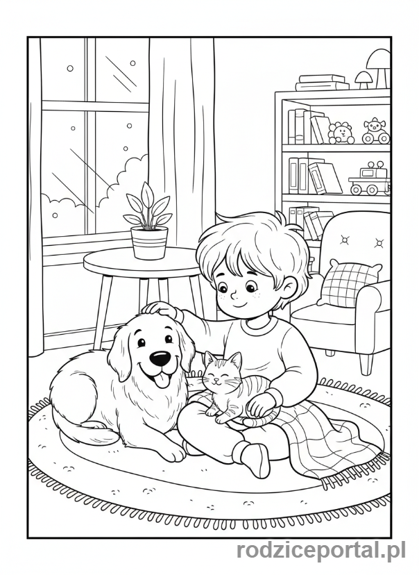 Kolorowanka Poranna Rutyna - Dziecko głaszcze zwierzątko