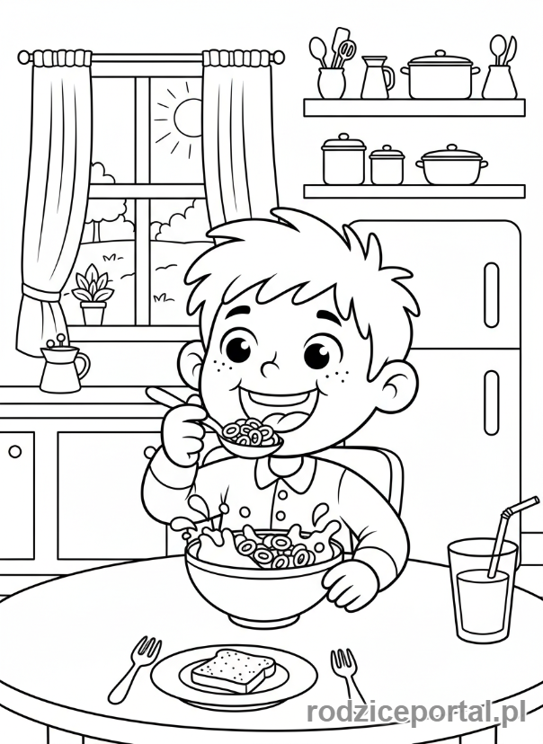 Kolorowanka Poranna Rutyna - Dziecko je śniadanie