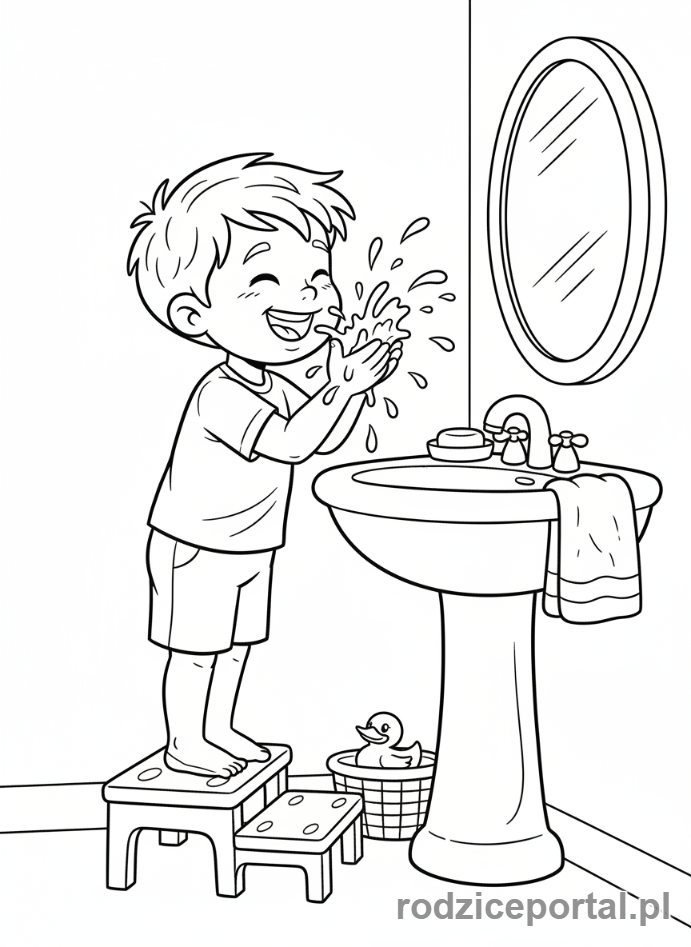 Kolorowanka Poranna Rutyna - Dziecko myje twarz