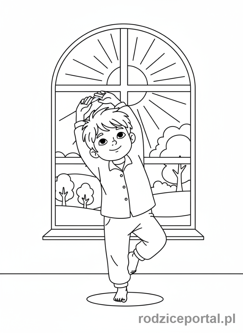 Kolorowanka Poranna Rutyna - Dziecko robi poranne rozciąganie