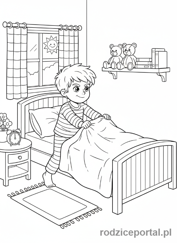 Kolorowanka Poranna Rutyna - Dziecko ścieli łóżko