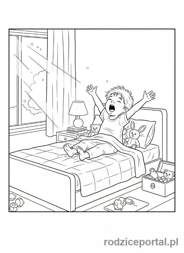 Kolorowanka Poranne Rytuały - Dziecko budzi się w łóżku
