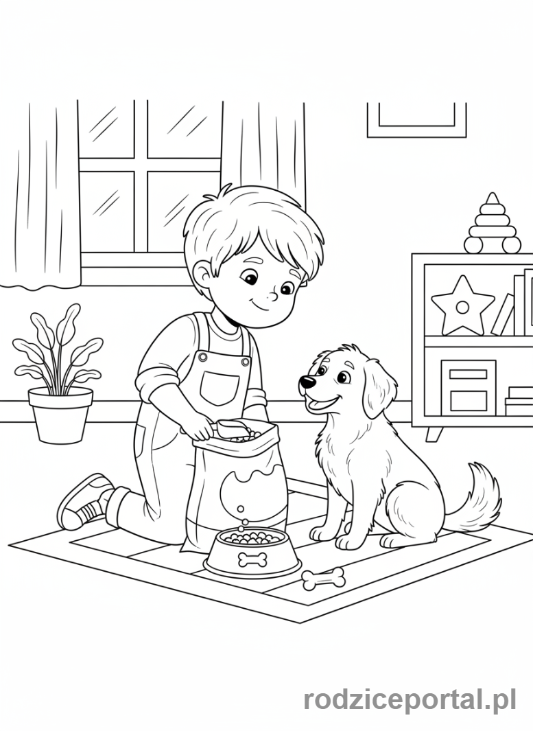 Kolorowanka Poranne Rytuały - Dziecko karmi psa