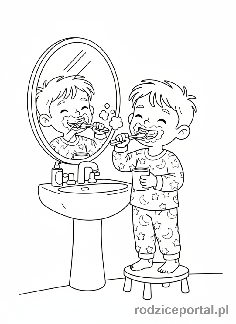 Kolorowanka Poranne Rytuały - Dziecko myje zęby