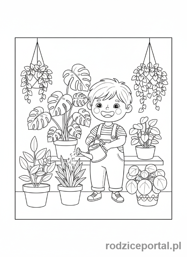 Kolorowanka Poranne Rytuały - Dziecko podlewa kwiaty