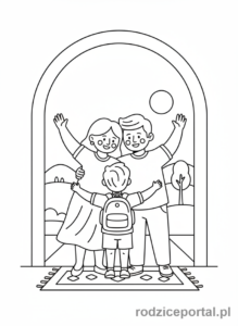 Kolorowanka Poranne Rytuały - Rodzice żegnają dziecko