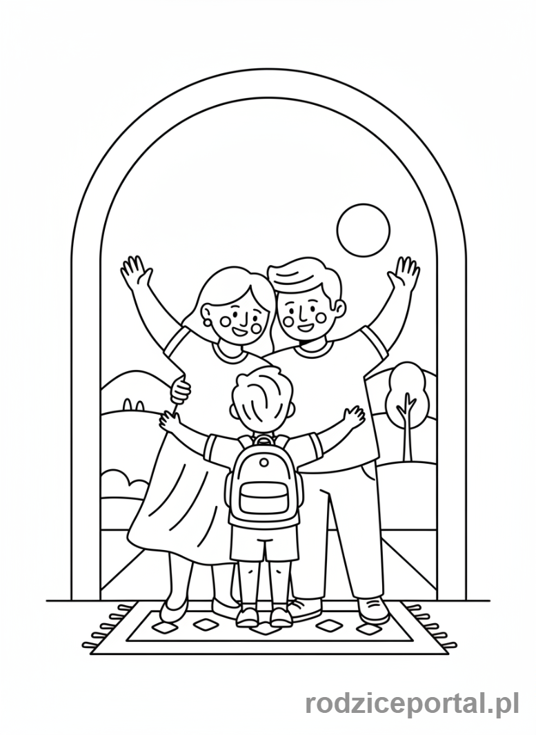 Kolorowanka Poranne Rytuały - Rodzice żegnają dziecko