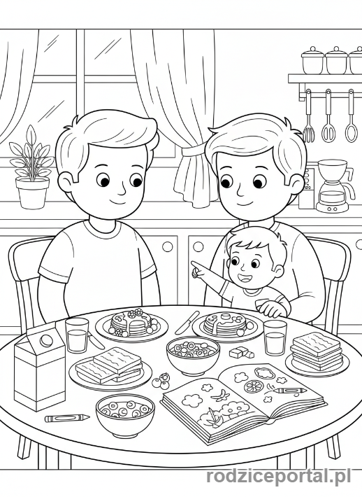 Kolorowanka Poranne Rytuały - Rodzina je śniadanie