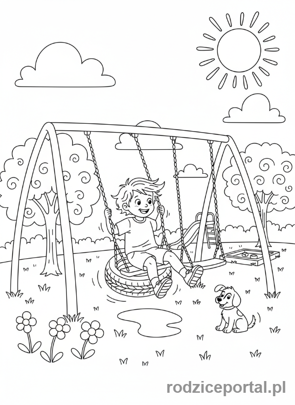 Kolorowanka Pory Dnia Zadania - Dziecko bawi sie na placu zabaw