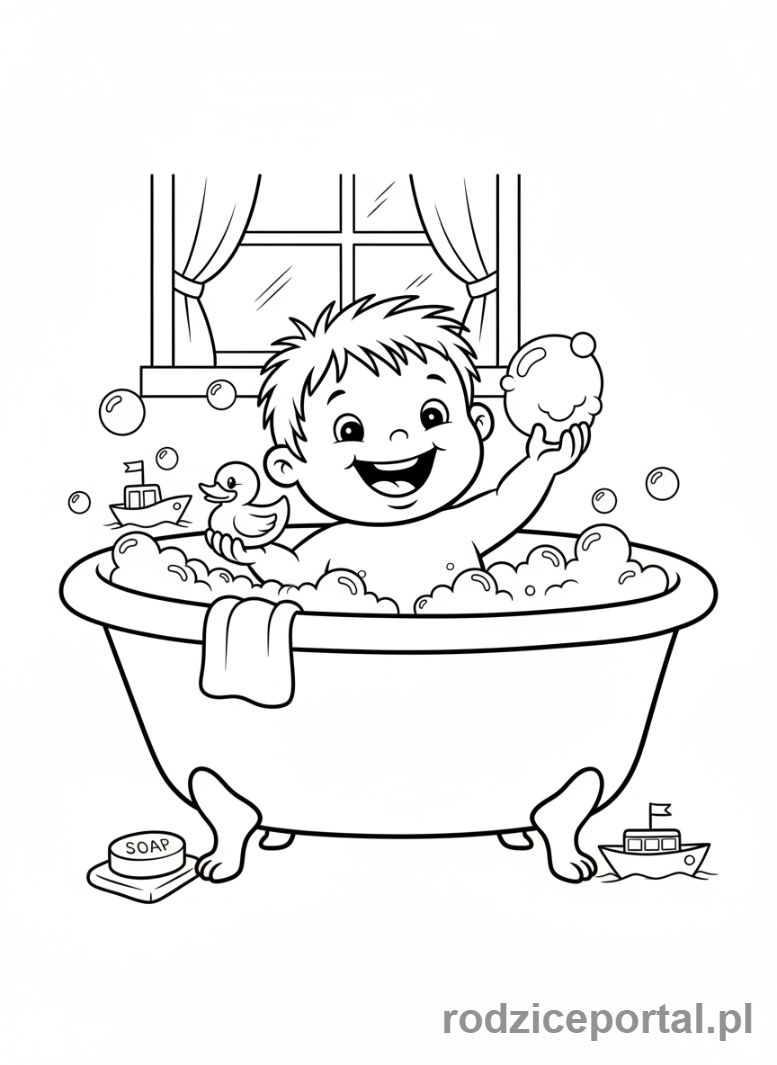 Kolorowanka Pory Dnia Zadania - Dziecko bierze kapiel w wannie