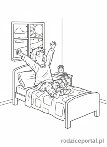 Kolorowanka Pory Dnia Zadania - Dziecko budzi sie i przeciaza