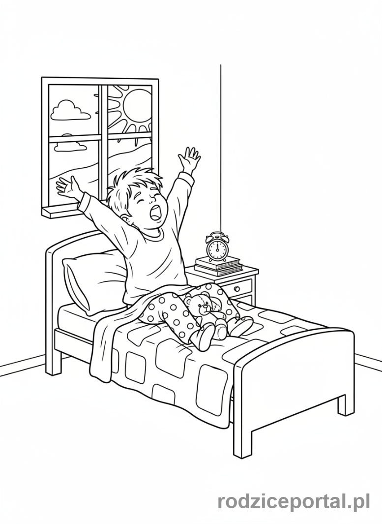 Kolorowanka Pory Dnia Zadania - Dziecko budzi sie i przeciaza