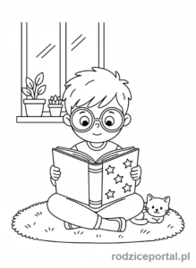 Kolorowanka Pory Dnia Zadania - Dziecko czyta ksiazke