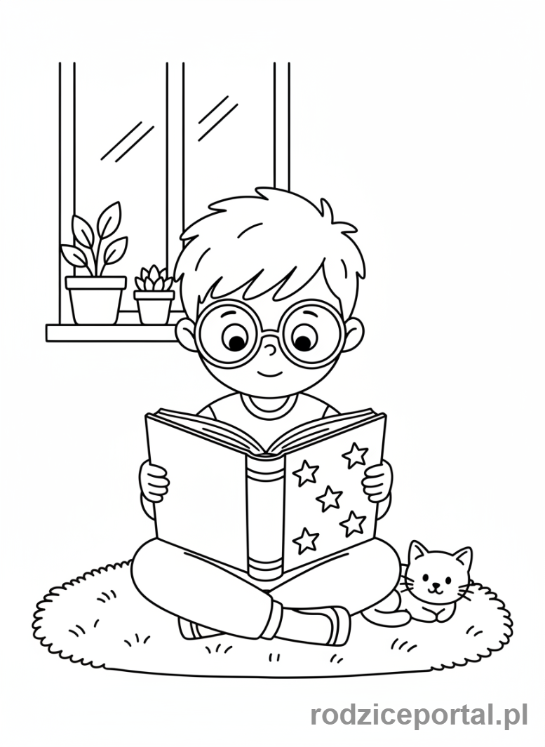 Kolorowanka Pory Dnia Zadania - Dziecko czyta ksiazke