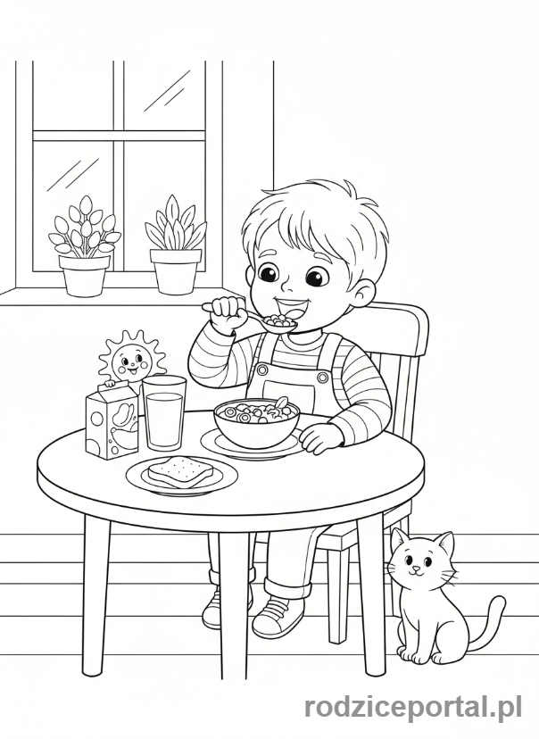 Kolorowanka Pory Dnia Zadania - Dziecko je sniadanie przy stole