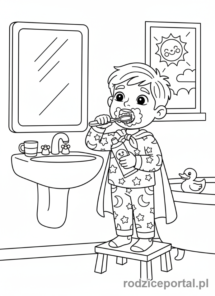Kolorowanka Pory Dnia Zadania - Dziecko myje zeby w lazience