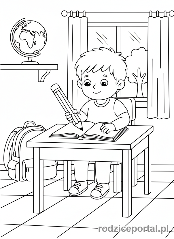 Kolorowanka Pory Dnia Zadania - Dziecko odrabia lekcje