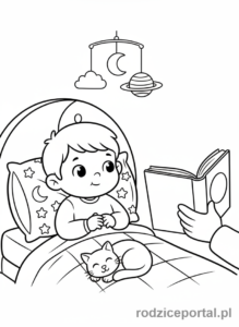 Kolorowanka Pory Dnia Zadania - Dziecko slucha bajki na dobranoc