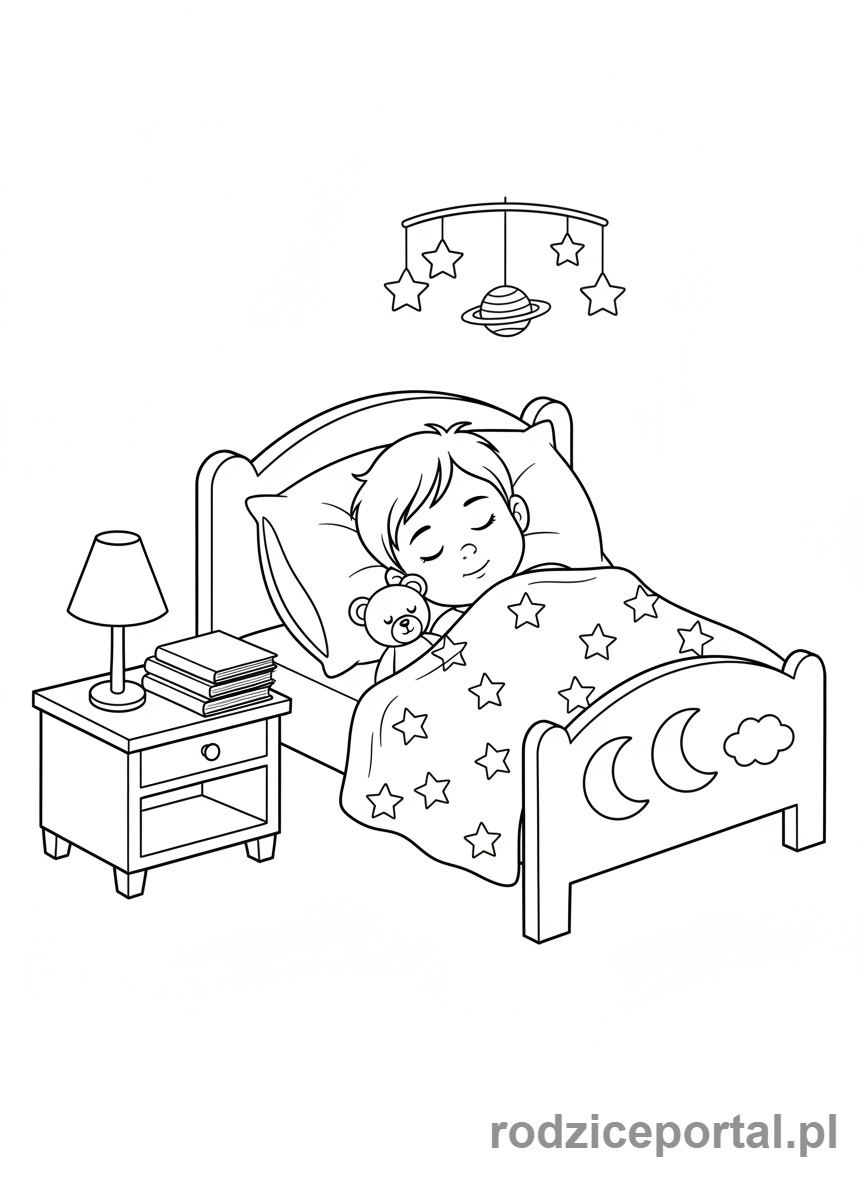 Kolorowanka Pory Dnia Zadania - Dziecko spi spokojnie w lozku