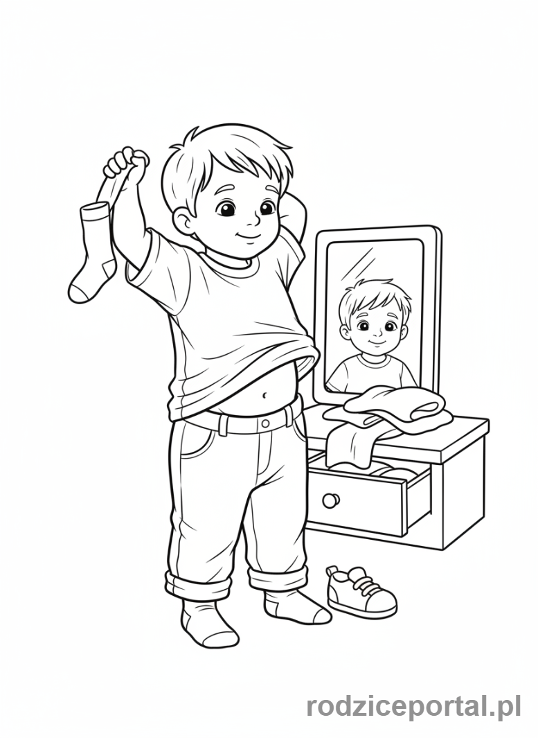 Kolorowanka Pory Dnia Zadania - Dziecko ubiera sie